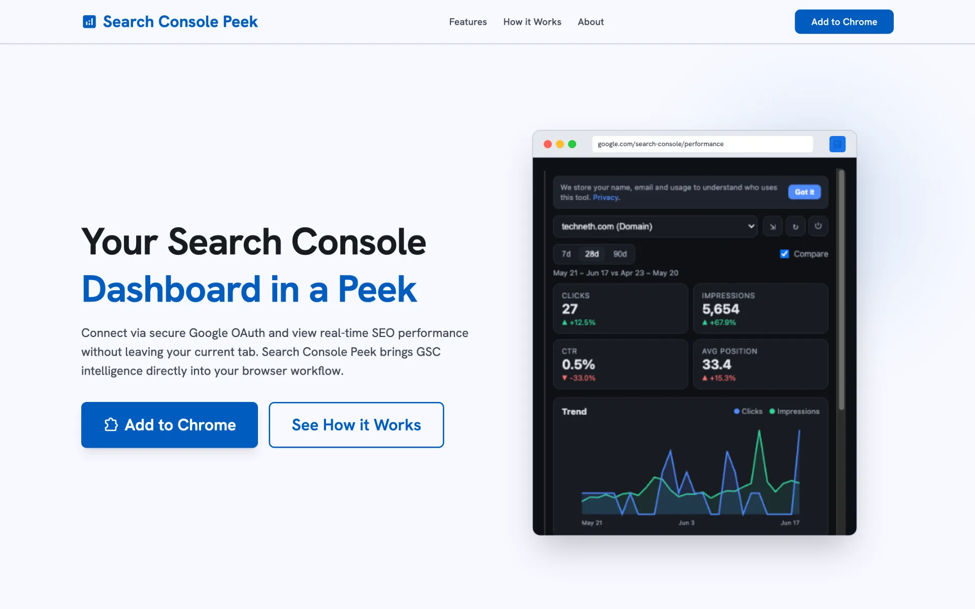 Search Console Peek — Google Search Console in your Chrome toolbar